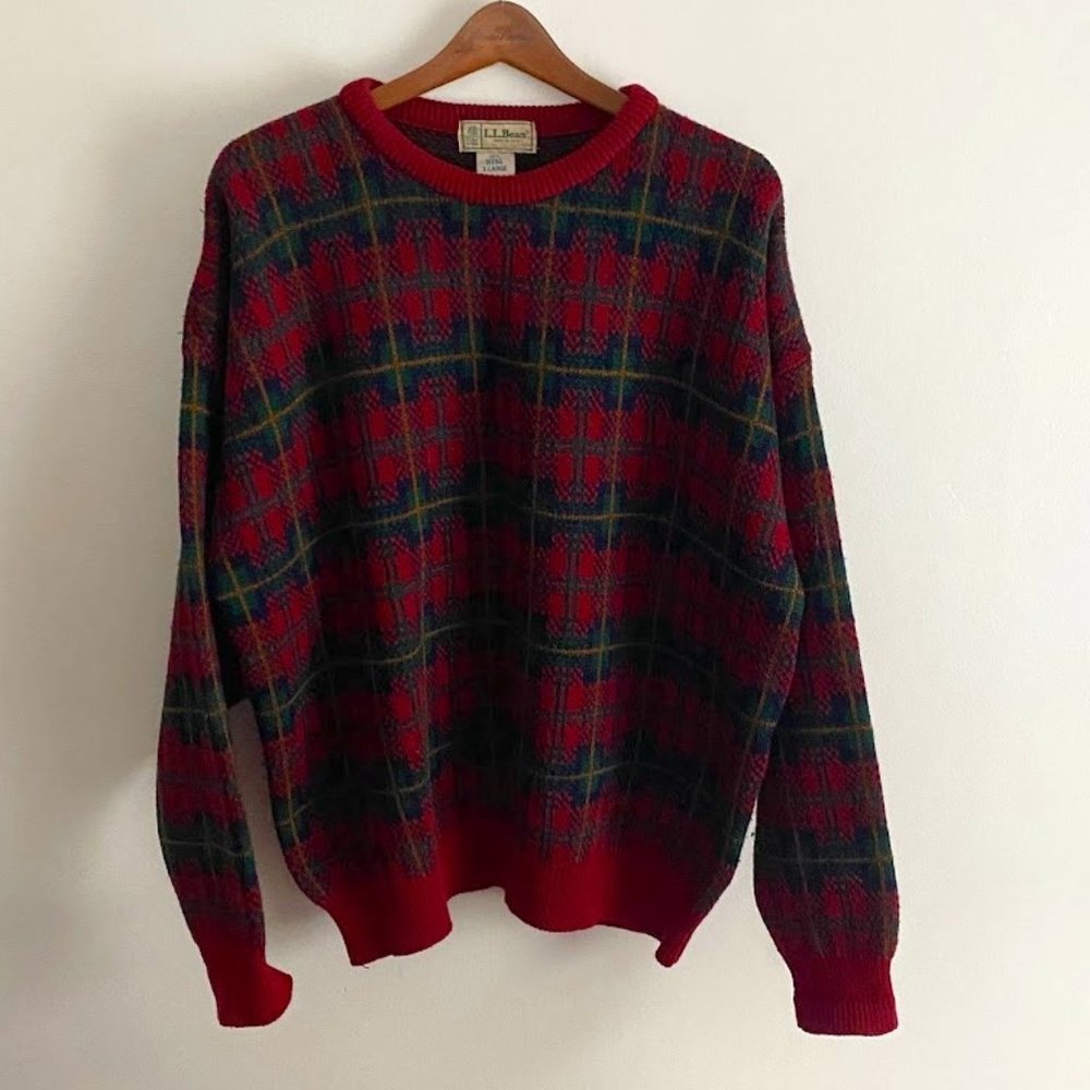 Vintage LL Bean Men’s 100% Pure Wool Plaid Crewneck Sweater XL